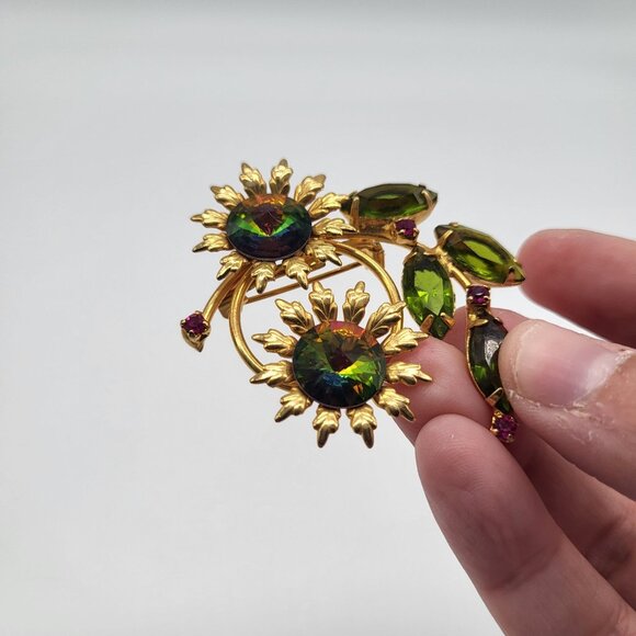 Juliana DeLizza Elster? Flower Watermelon Rivoli Green Pink Rhinestone Brooch - Picture 5 of 6